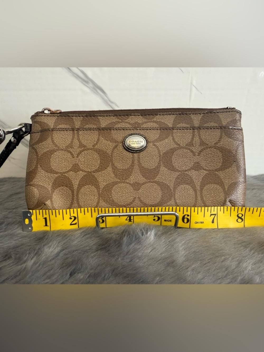 Coach Brown Signature Canvas Wristlet with Gold Tone Logo